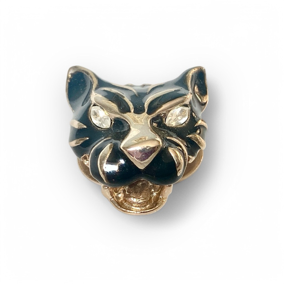 Vintage Michele Lynn Panther Cat Scarf Clip Brooch Black Gold Tiger - Picture 4 of 5